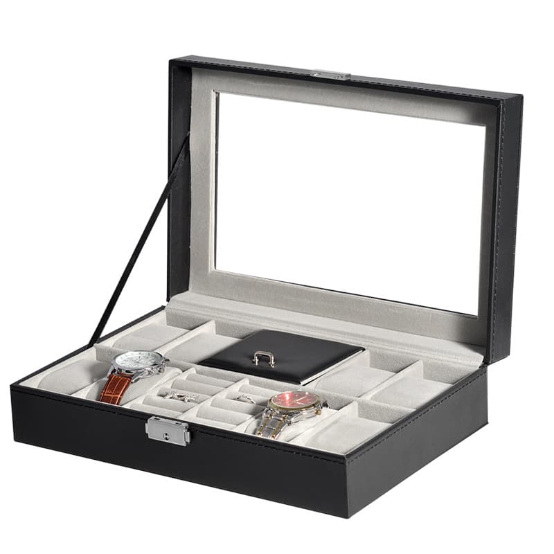 Black PU Leather Jewelry Watch Box Storage Case Ring Necklace Accessory Organizer Handcrafted Sewing Transparent Window
