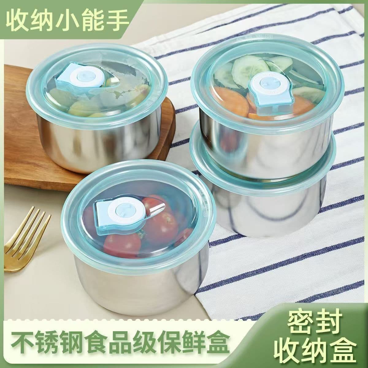 Stainless Steel round Fruit Preservation Box with Lid Refrigerator Storage Container Modern Simple Style Adult Kitchen Accessory