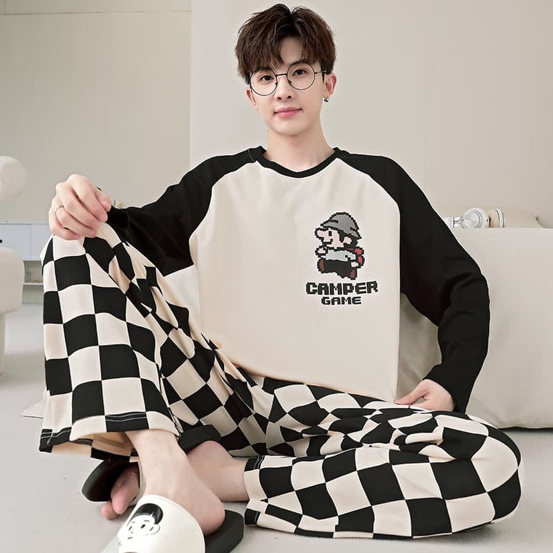 Spring/Autumn Cotton Long Sleeve Pajamas for Men, Cartoon Teen Loose Fit, Big Size for 200 Jin, Student Home Wear