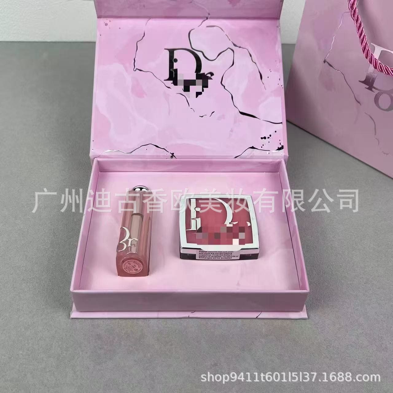 Cross-border Recommendation D-brand Pink Marble 2-Piece Gift Set with Gift Bag Blush 001 + Lipstick 001