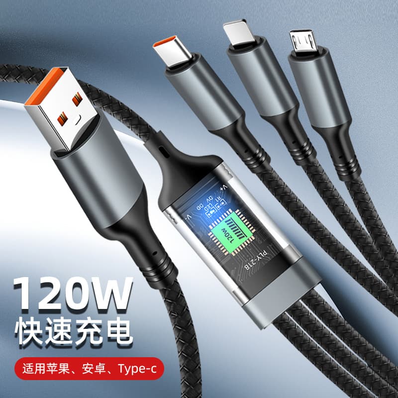 3-in-1 Super Fast Charging Cable 100W with Light Braided 3-in-1 Charging Cable with Digital Display Fast Charging Cable for Phone