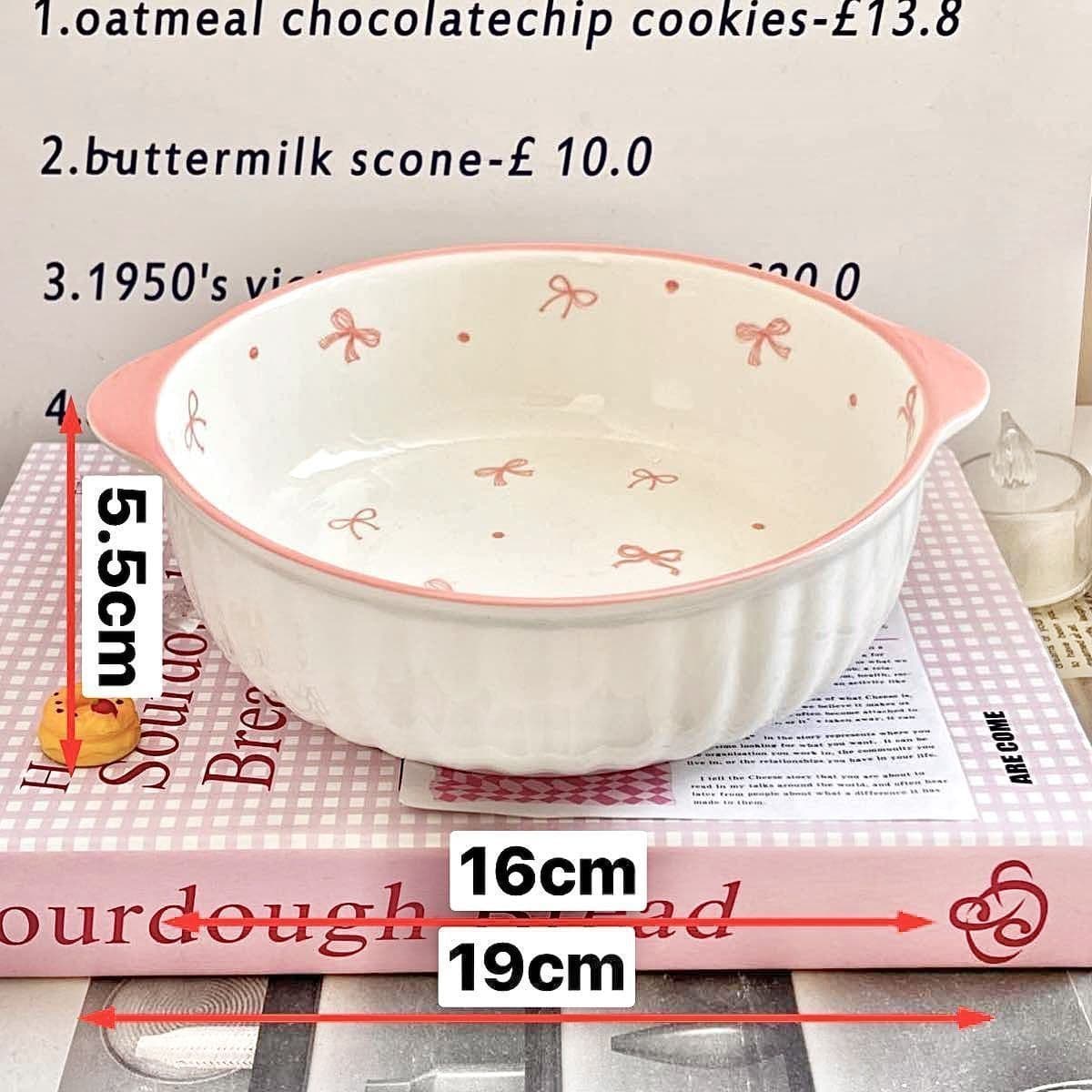Girls' Heart Bow Ceramic Double-Handle Soup Bowl Underglaze Color Set High-Appearance Instant Noodle Bowl Household with Spoon Tableware