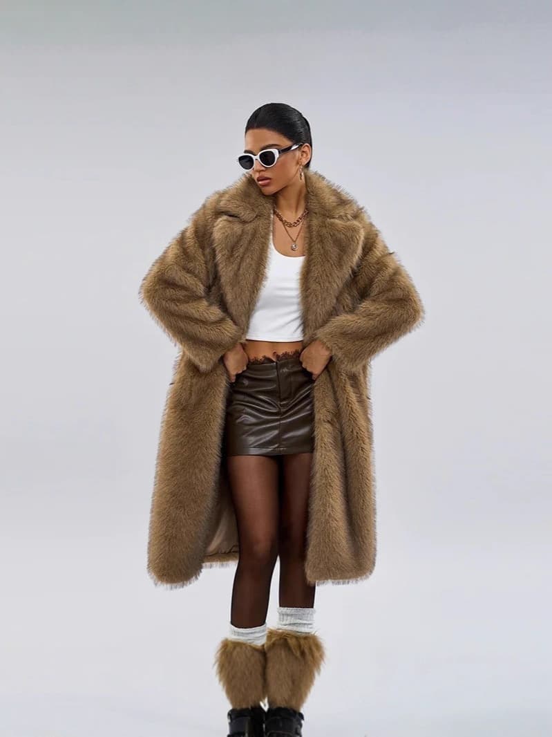 Women's Long Faux Fur Coat with Notched Lapel, Autumn/Winter Faux Fur Jacket