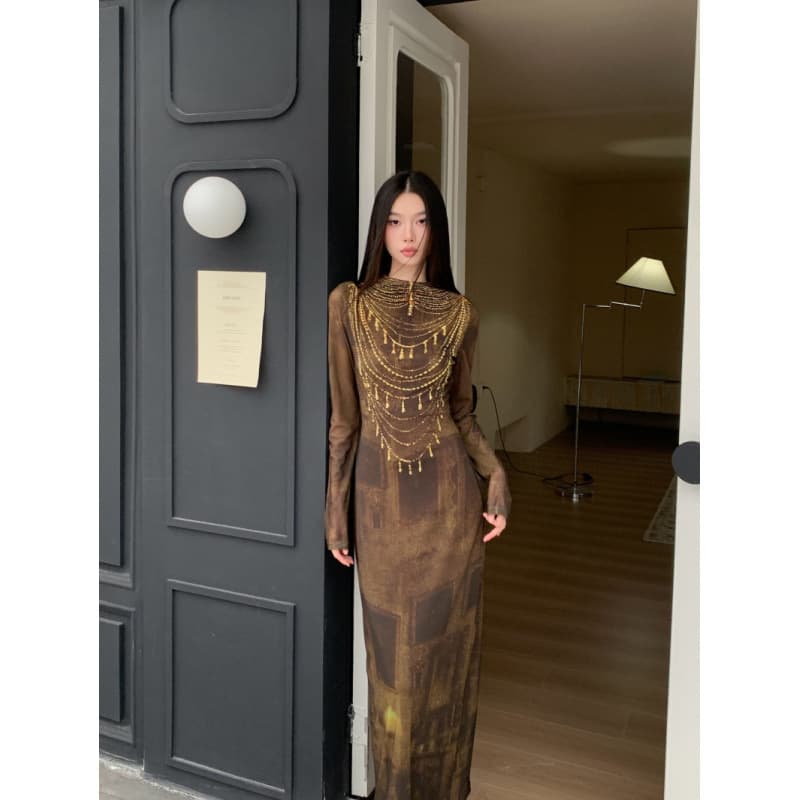 Chinese Gold-Brown Necklace Print Dress Vintage Street Slim Fit Stretchy Waist High-End Mock Neck Long Dress