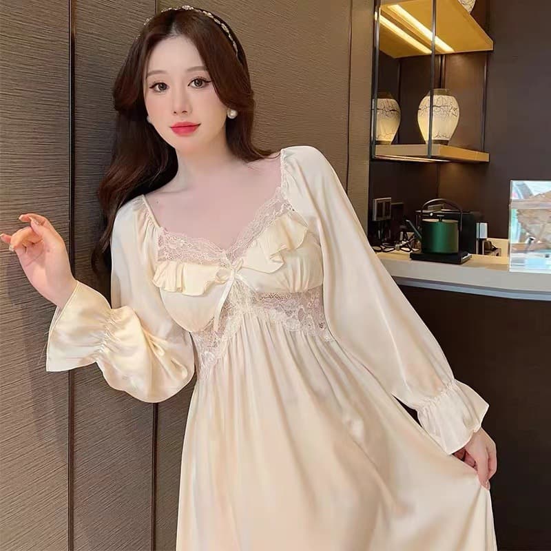 Elegant Long Sleeve V-Neck Silk Sleepwear Women's Casual Style with Chest Pad Elastic Satin Ice Silk Nightgown Extended Length