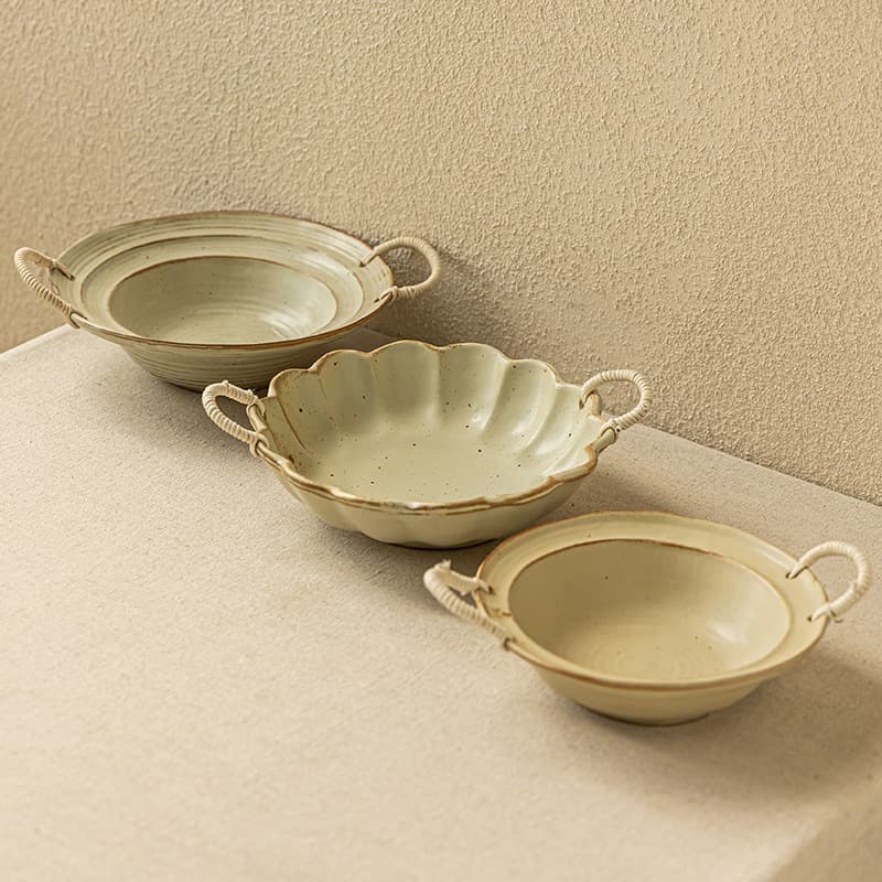 Rope-Woven Bowl Coarse Pottery Double-Handle Bowl Retro Japanese Straw Hat Bowl Household Ceramic Pasta Bowl Vegetable Bowl Tableware Large Bowl Soup Bowl