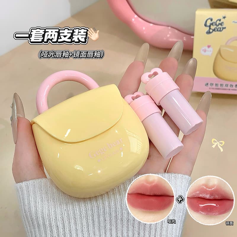 Makeup Gege Bear Mini Bag Dual-Effect Lip Gloss Set for Women, Glossy Mirror Velvet Matte Whitening Lipstick