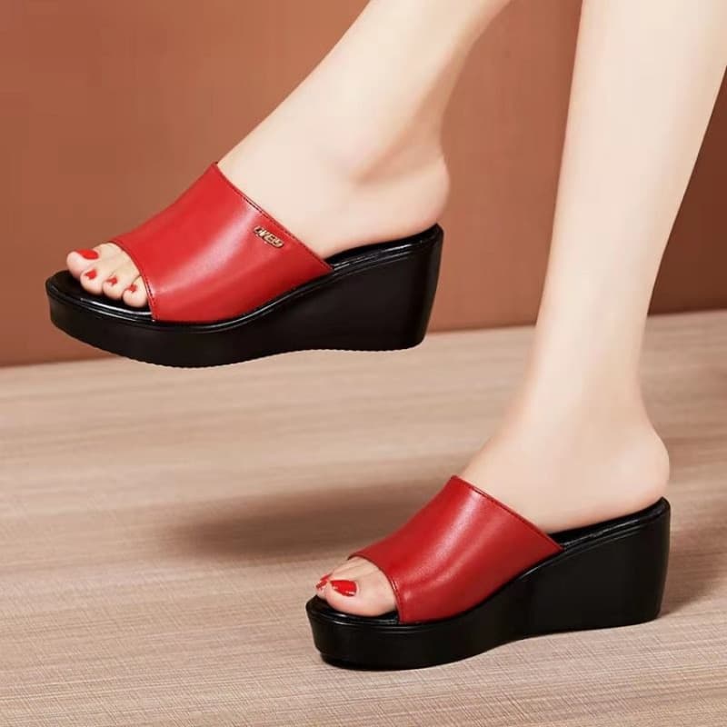 Women's Summer Black and White Leather One-Strap Wedge Heel Sandals Thick Sole Platform High Heel Open-Toe Sandals