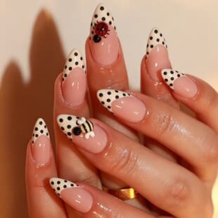 Black White Polka Dot Ladybug Bee Almond Press-On Nails Nude Pink French 3D Insect False Nails Nail Art Wholesale