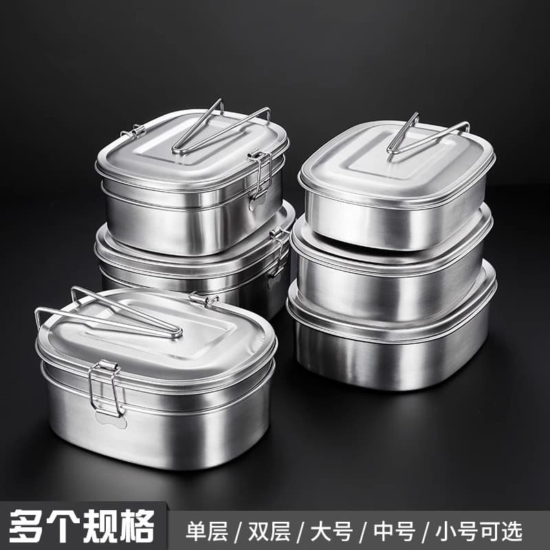 304 Stainless Steel Lunch Box for Students and Office Workers, Double-Layer Portable Bento Box, Old-Style Oval Steamed Rice Lunch Box