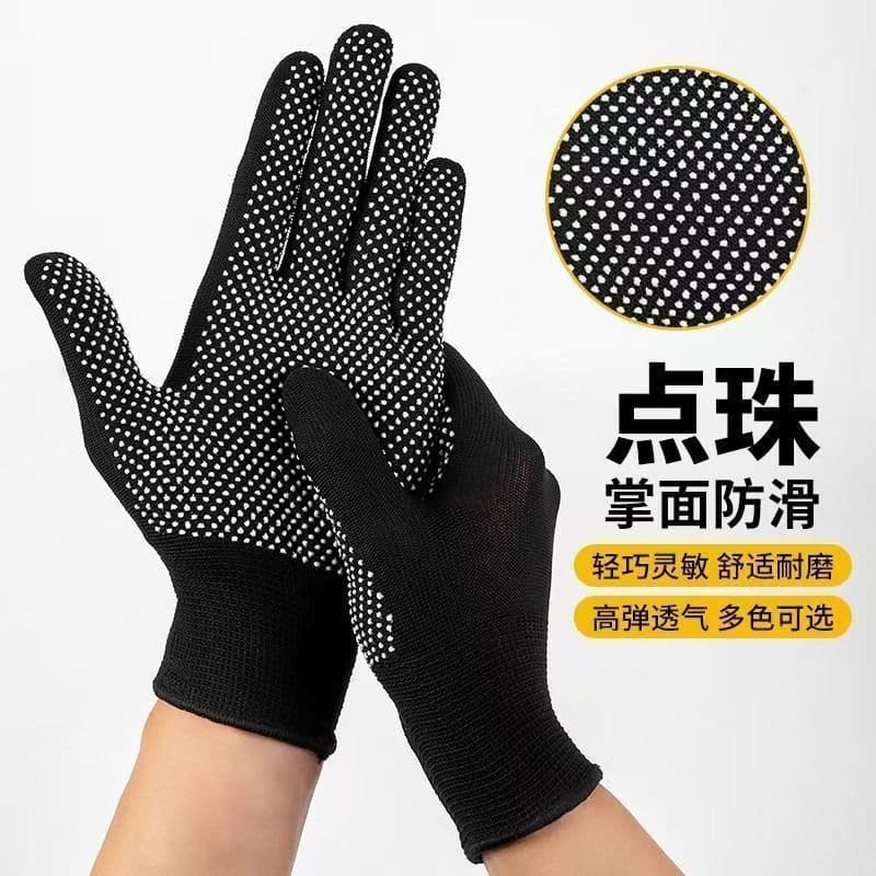 Breathable nylon gloves, dot-coated and beaded, thin, black, wear-resistant, non-slip protective work gloves for drivers.