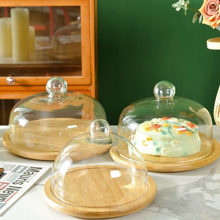 Glass transparent cover wooden tray afternoon tea cake cover pastry tray cake plate fruit dessert plate dust cover