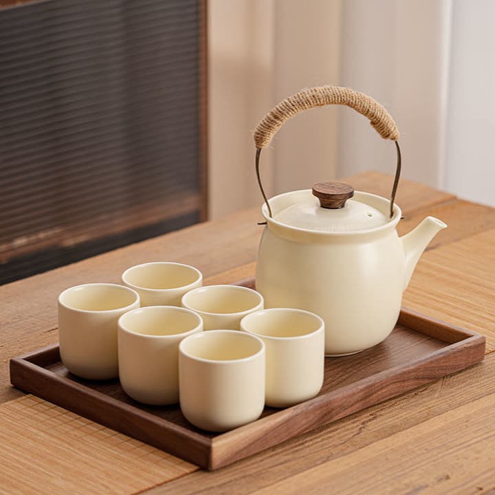 Chinese Ceramic Water Set with North American Walnut Tray, Cup and Pitcher Combo for Brewing Tea and Cold Water, Heat-Resistant and Heatable