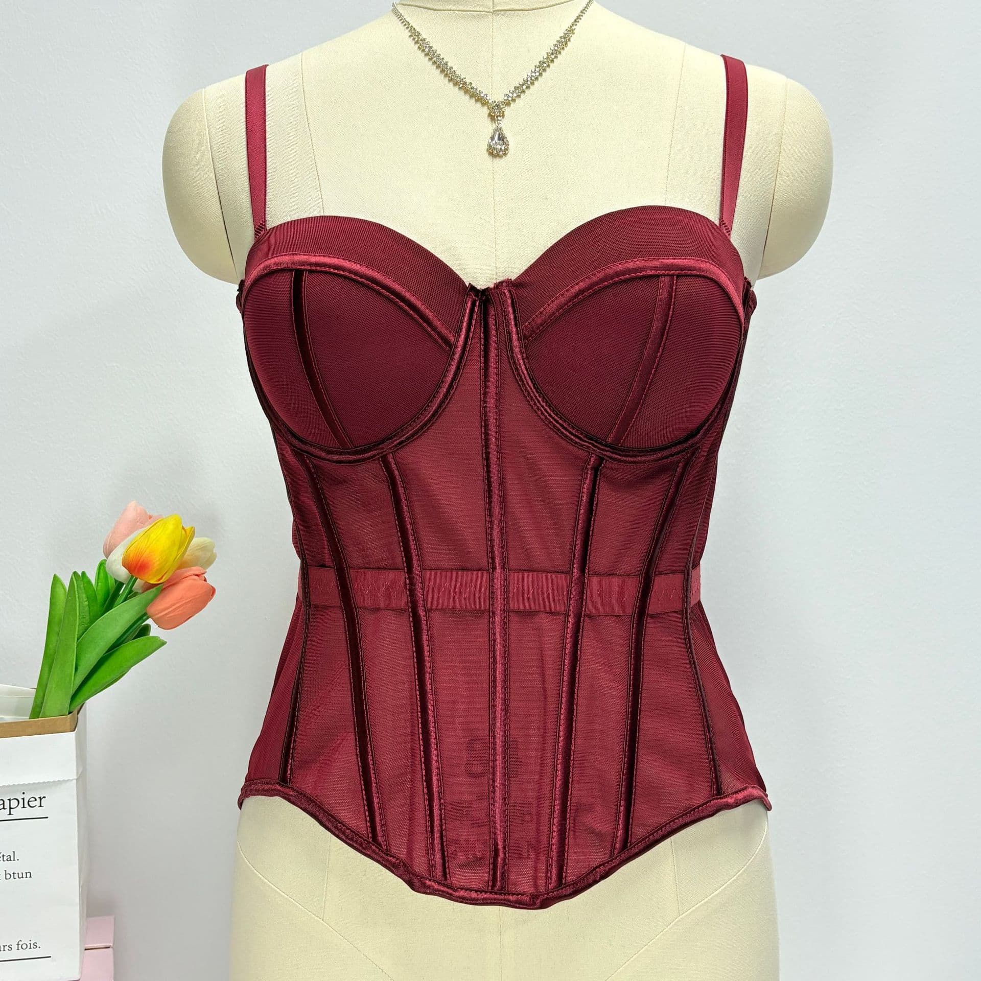 European and American style solid color fishbone corset bra with mesh waist cinching straps, wearable as outerwear, three-dimensional cup plus size fishbone strapless top