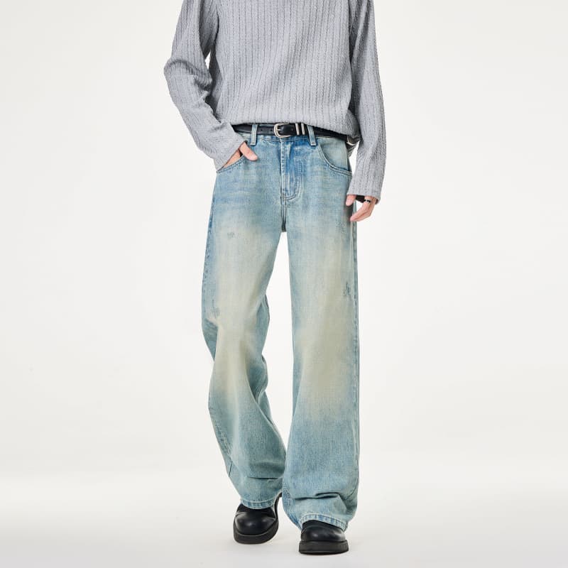 Vintage Washed Wide-Leg Jeans for Men 2026 Fall Loose-Fit Versatile Distressed Straight-Leg Pants