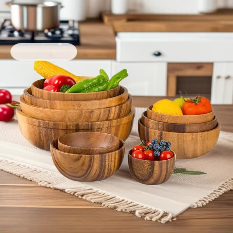 Acacia Wood Salad Bowl, Japanese-Style Solid Wood Fruit Bowl, Whole Wood Bowl with Lid, Wooden Tableware Set for Home Use