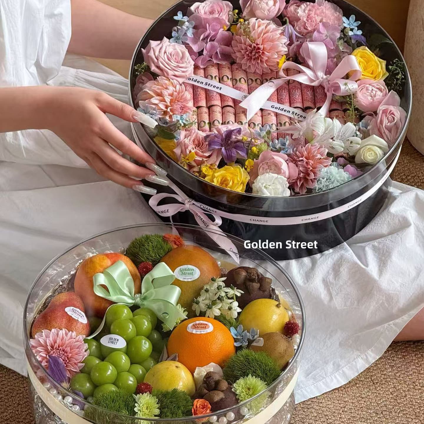 PET Fruit Flower Box Transparent Acrylic Round Handle Box Holiday Gift Packaging Flower Shop Floral Supplies