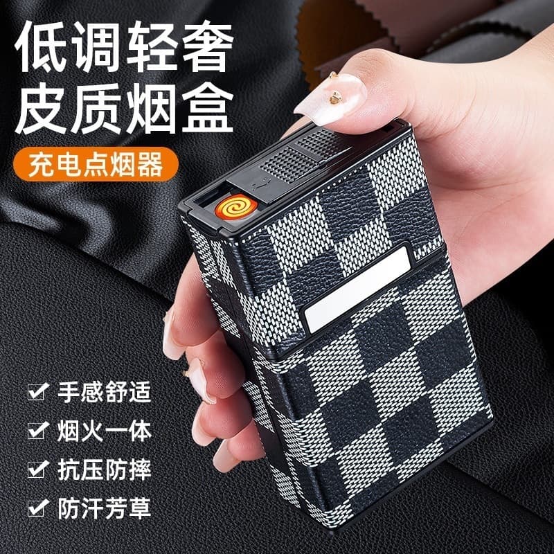 Business Cigarette Case USB Leather Cigarette Case Lighter Men's Portable Thick Cigarette Case Anti-Pressure and Moisture-Proof Manufacturer Wholesale