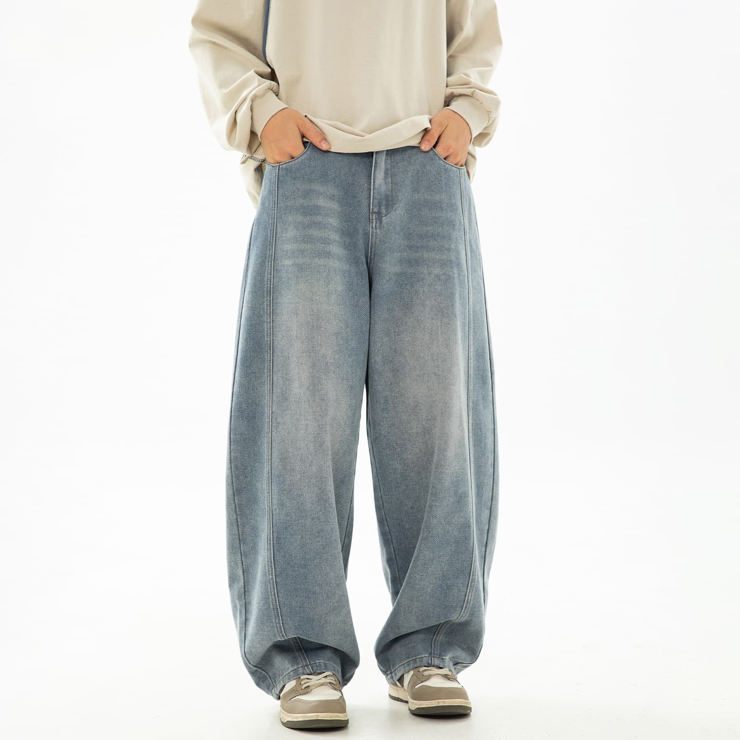 Retro Washed Baggy Jeans for Men 2025 Spring New Split Structure Curved Blade Pants Streetwear Loose Long Trousers