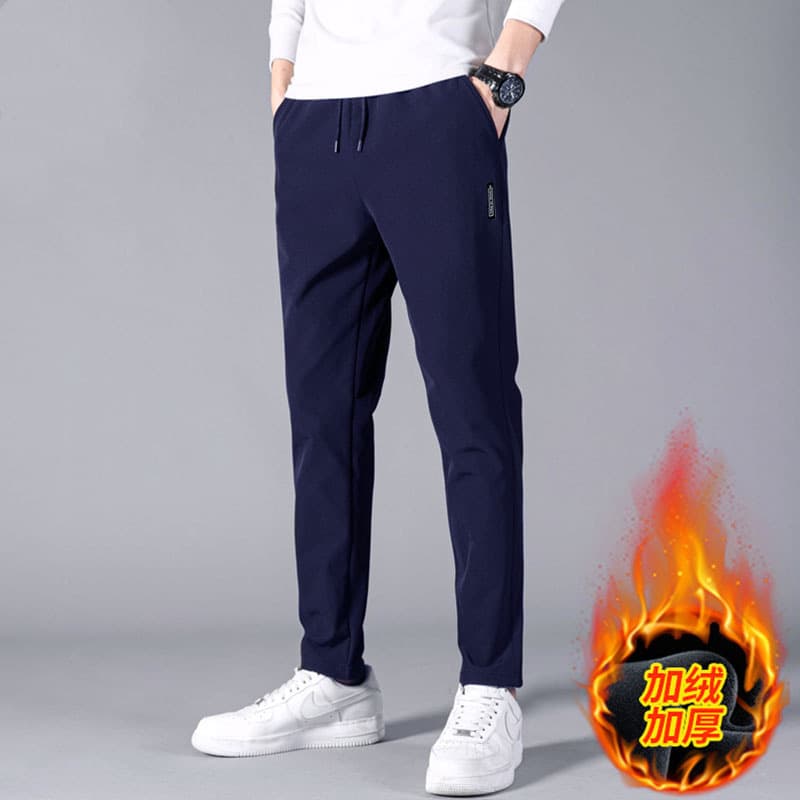 Fleece-lined cropped trousers, autumn and winter style, thin fleece, loose-fitting casual trousers, stretch trousers, cost-effective youth men's clothing