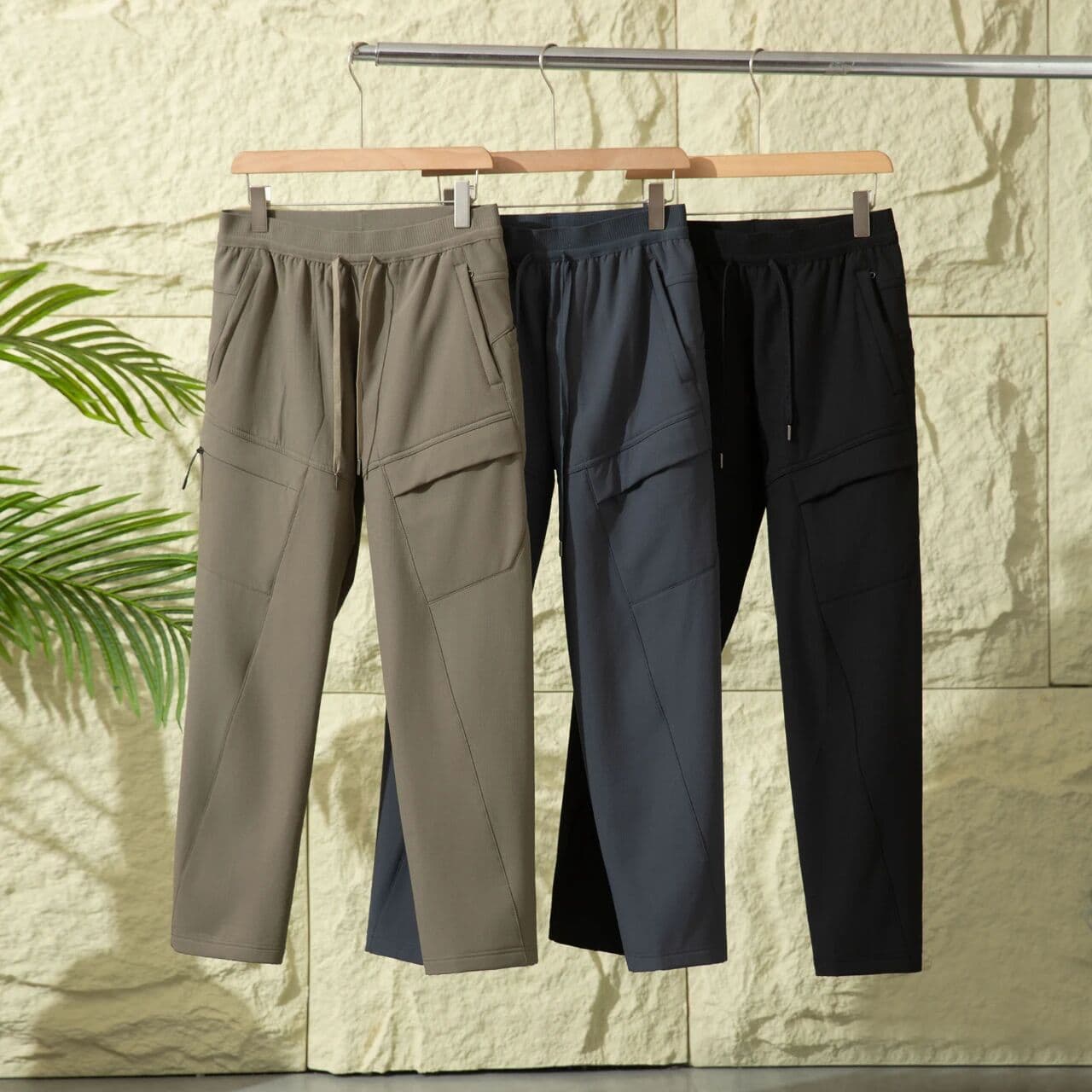 Men's casual velvet outdoor elastic waist wide waist trousers straight drawstring adjustable six pockets 9583