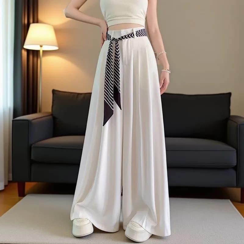 High-end white ice silk suit wide-leg pants for women summer thin silk scarf tie high-waist drape straight floor-length pants skirt