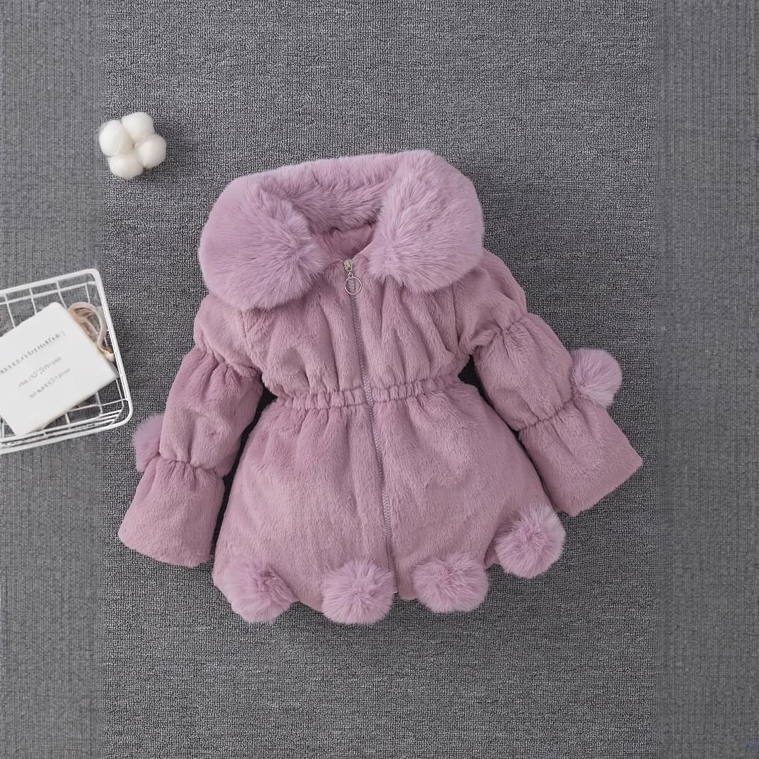 Girls Autumn Winter New Wool Sweater Kids Faux Fur Big Fur Collar Thickened Cotton Coat Trendy