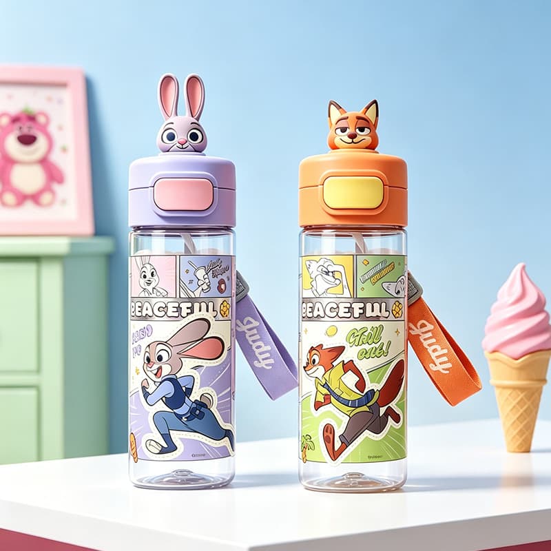 Zootopia Kids Plastic Water Bottle, Cute Straight Drinking Space Cup for Girls, Anti-Drop Strap Cup for Students