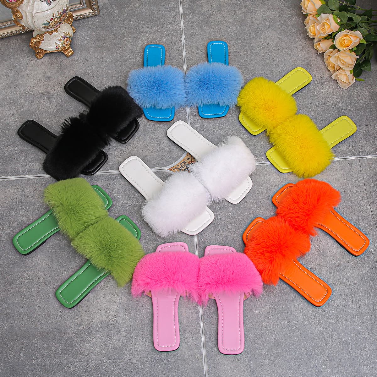 Summer Slippers 2026 New Flat Women's Rabbit Fur One-Strap Fuzzy Sandals Wholesale