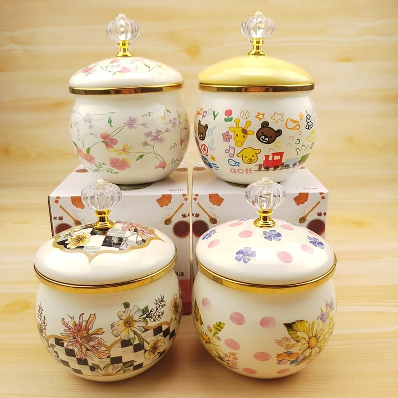 Enamel Sugar Jar with Lid, Salt Jar, Seasoning Jar, Household Spice Container, Tea Canister, Restaurant Condiment Jar, Chili Oil Jar