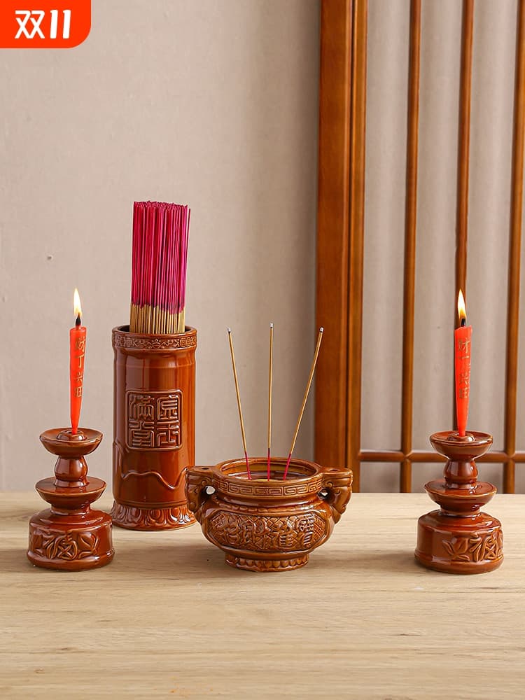 Ceramic Buddha Candle Holder Set with Incense Tube for Home Shrine and Wealth Attraction