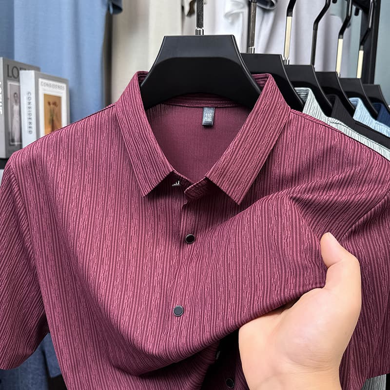 Summer seamless vertical striped short-sleeved shirt men's business casual no-iron high-elastic short-sleeved quick-drying shirt