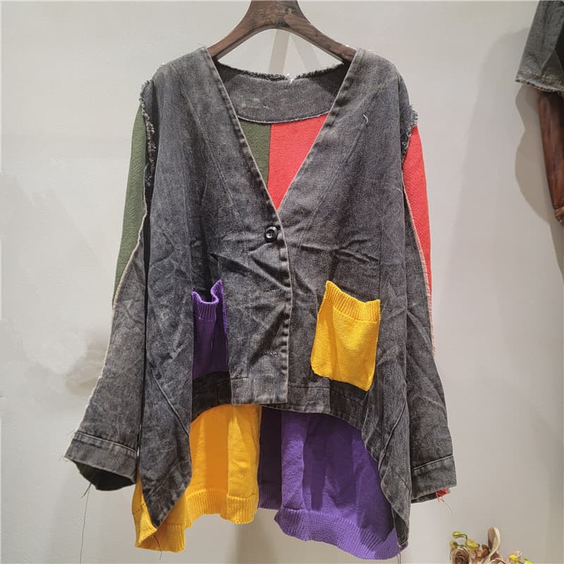 Retro distressed gray contrast patchwork jacket for women V-neck color block knitted patchwork irregular raw edge loose cardigan