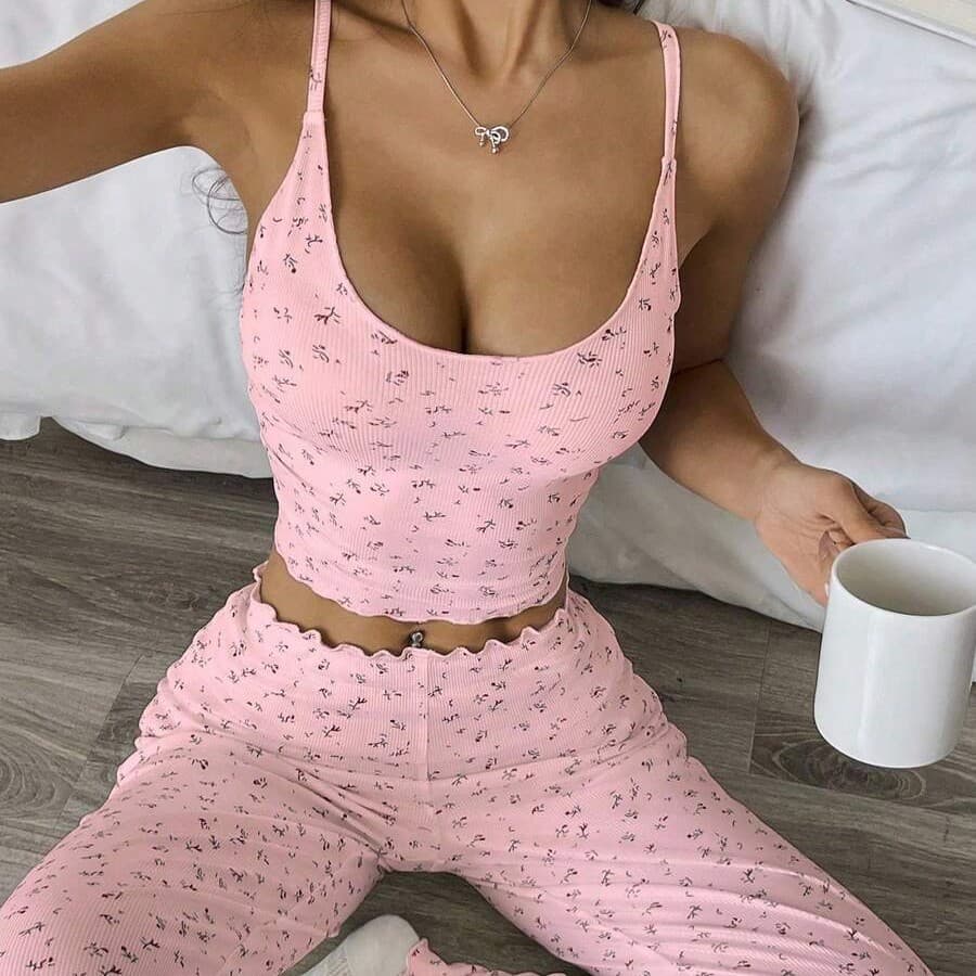 Wholesale Women's Summer Camisole Stripe Sleepwear Set - Fashionable Floral Print Vest Top and Long Pants Loungewear for EU & US Markets