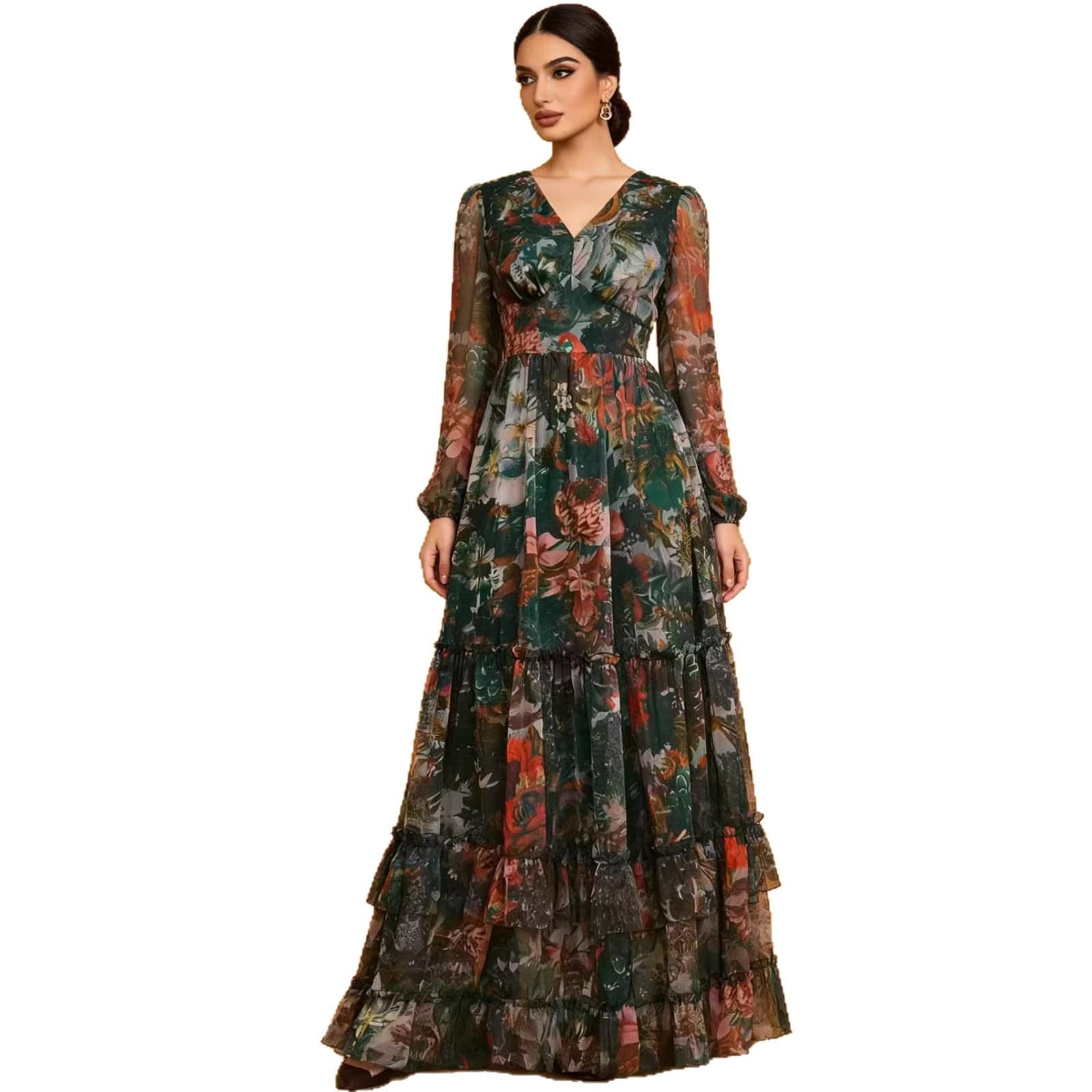 Plus Size Women's French Style Elegant V-Neck High-Waist Slimming Floral Long Dress