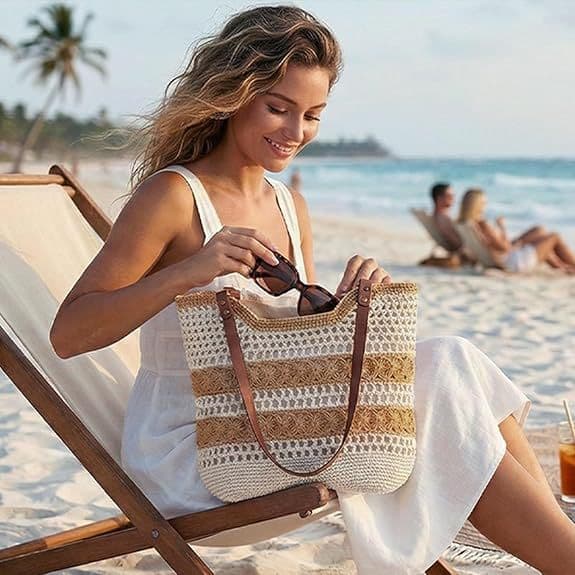 Summer Cross-Border Women's Woven Tote Bag Striped Knit Bag Simple Hollow Handbag Shoulder Bag Belt Handle Bag