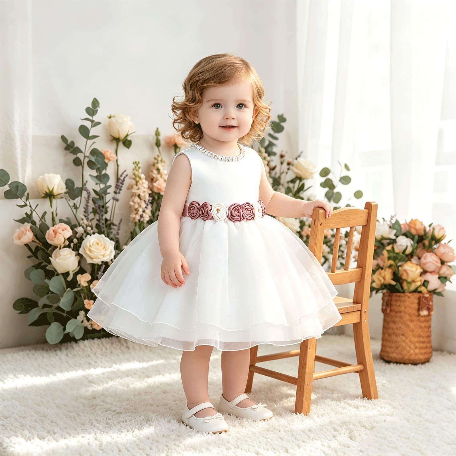 Girls' Dress Princess Dress 3D Flower Children's Wedding Dress Flower Girl Tutu Dress First Birthday Dress Baby Dress