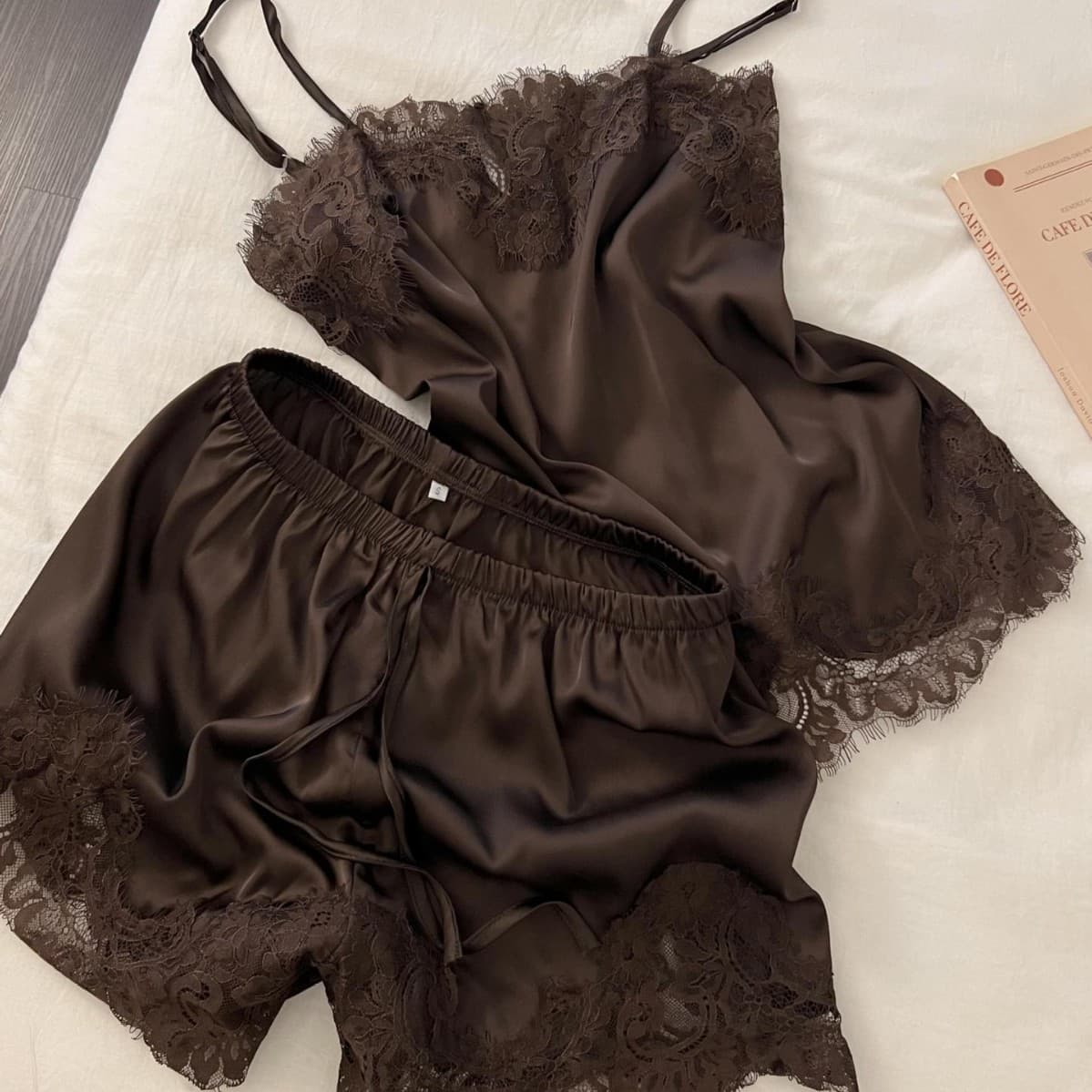Ice Silk Stretch Satin Camisole and Shorts Pajama Set with Built-in Pads, Lace Trim, Sexy Loungewear for Women, Summer, Brown