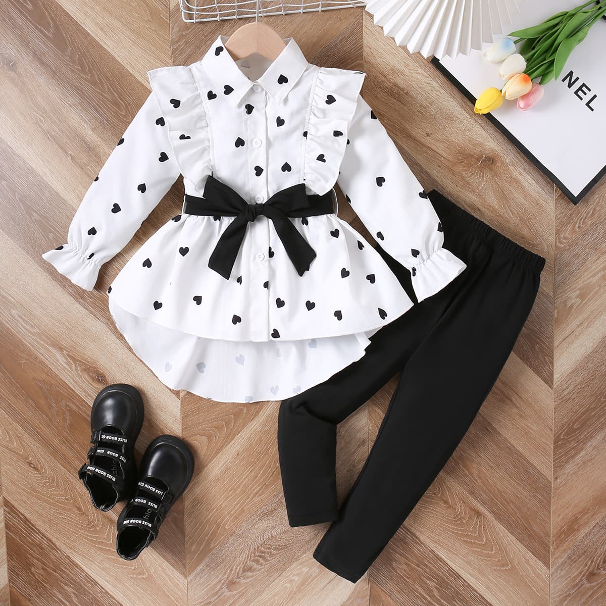 2024 Children's Clothing Cross-Border Autumn New Fashion Girls' Long Shirt Dress with Belt and Leggings Set
