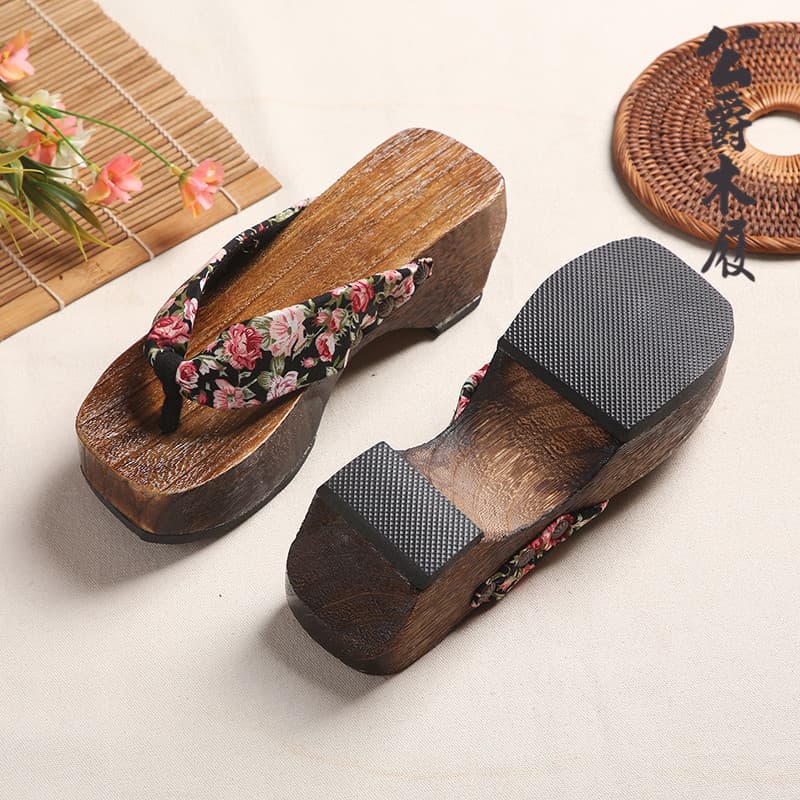 Japanese-style burnt paulownia wooden clogs, high-heeled flip-flops, women's slide sandals, wooden sandals