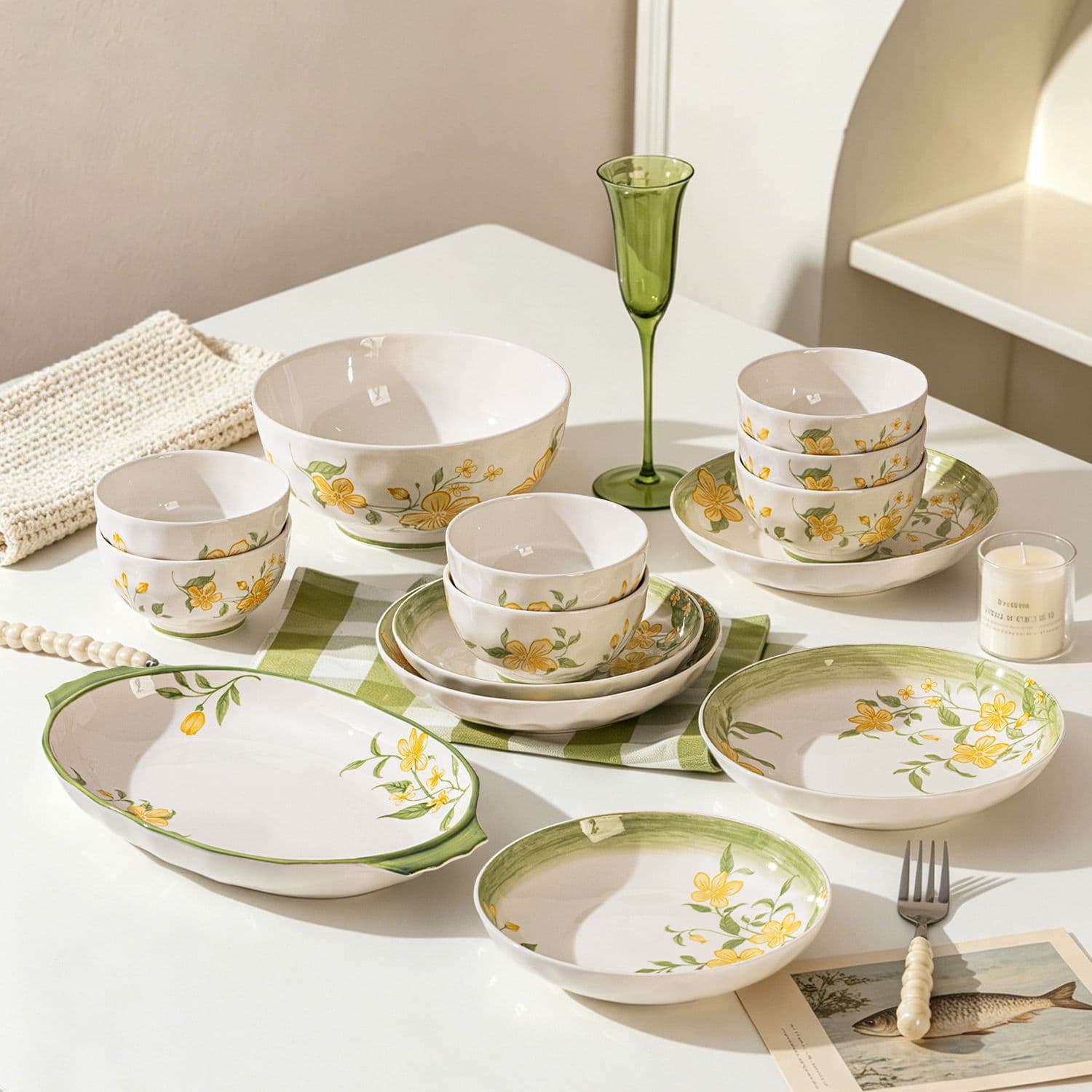 New Underglaze Ceramic Dinnerware Set, Vintage Style Thickened Bowls and Plates, Housewarming Gift