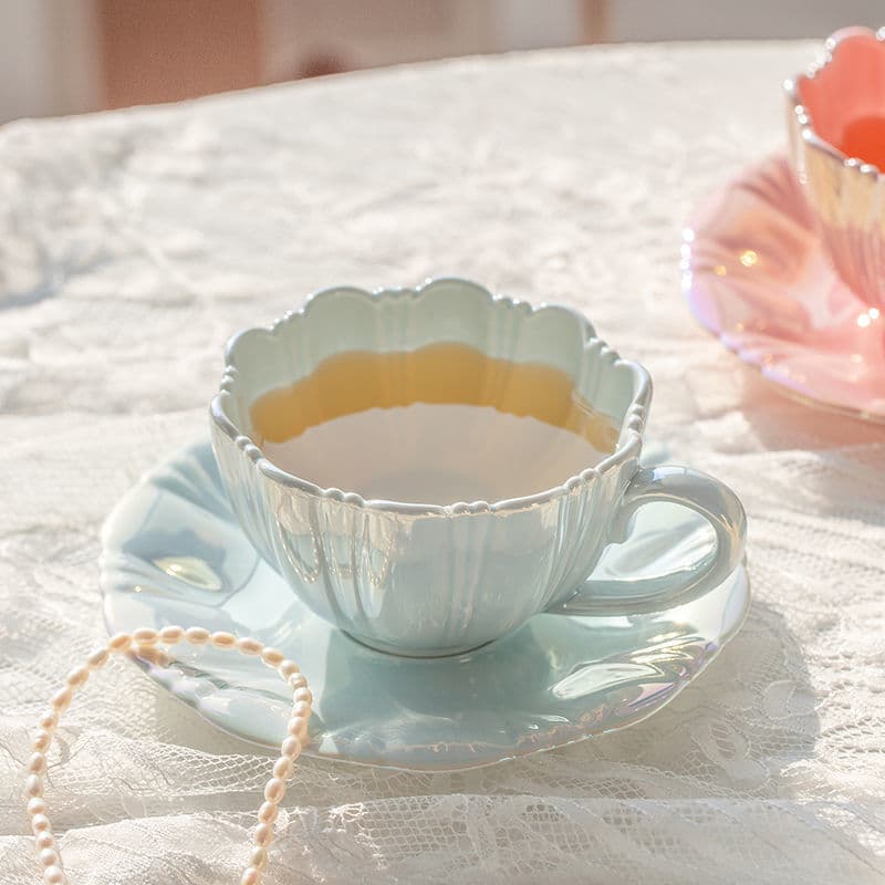 Porcelain Petal Coffee Cup Set, High-End Afternoon Tea Cup & Saucer with Spoon, Hanging Ear Cup, Ins Style, High Appearance Water Cup