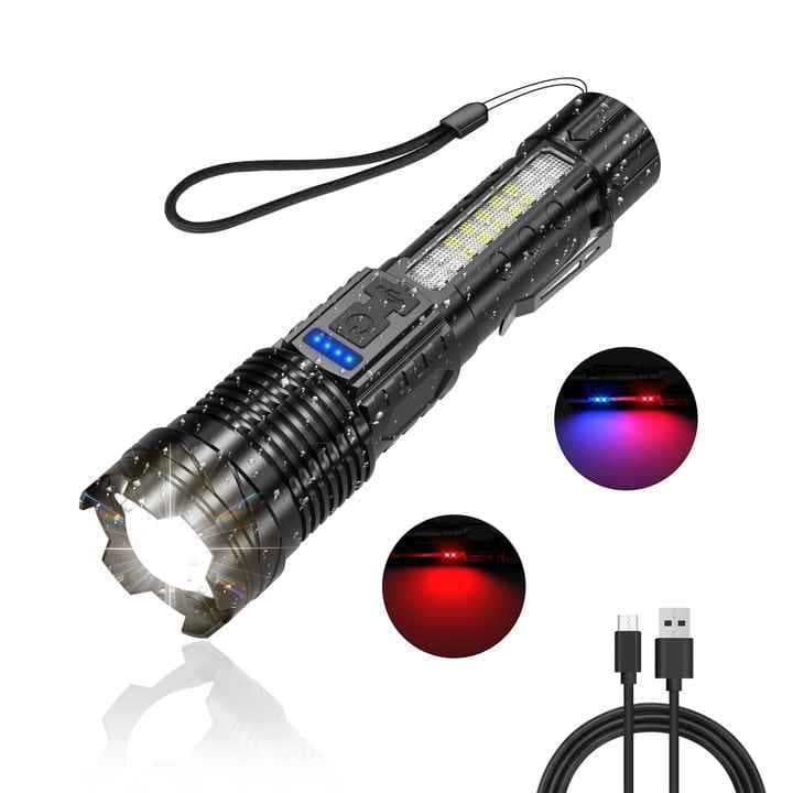New Cross-Border Flashlight with Zoom, LED Red and Blue Warning Light, Strong Side Light for Outdoor Lighting and Work Light