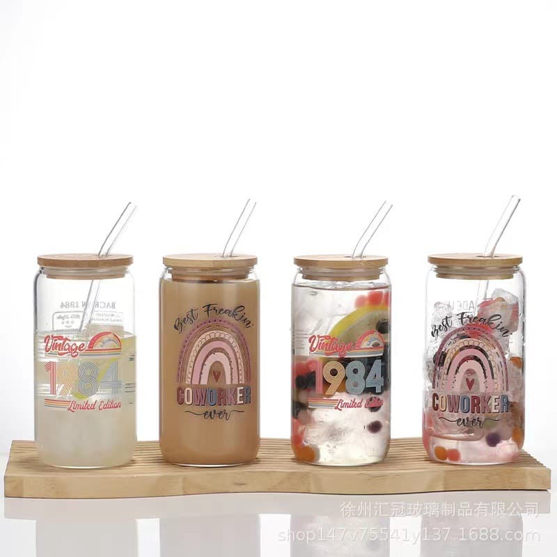 Cross-border Amazon New Viral Cola Cup 16oz Mason Jar with Bamboo Lid, Glass Drink Juice Cup with Straw