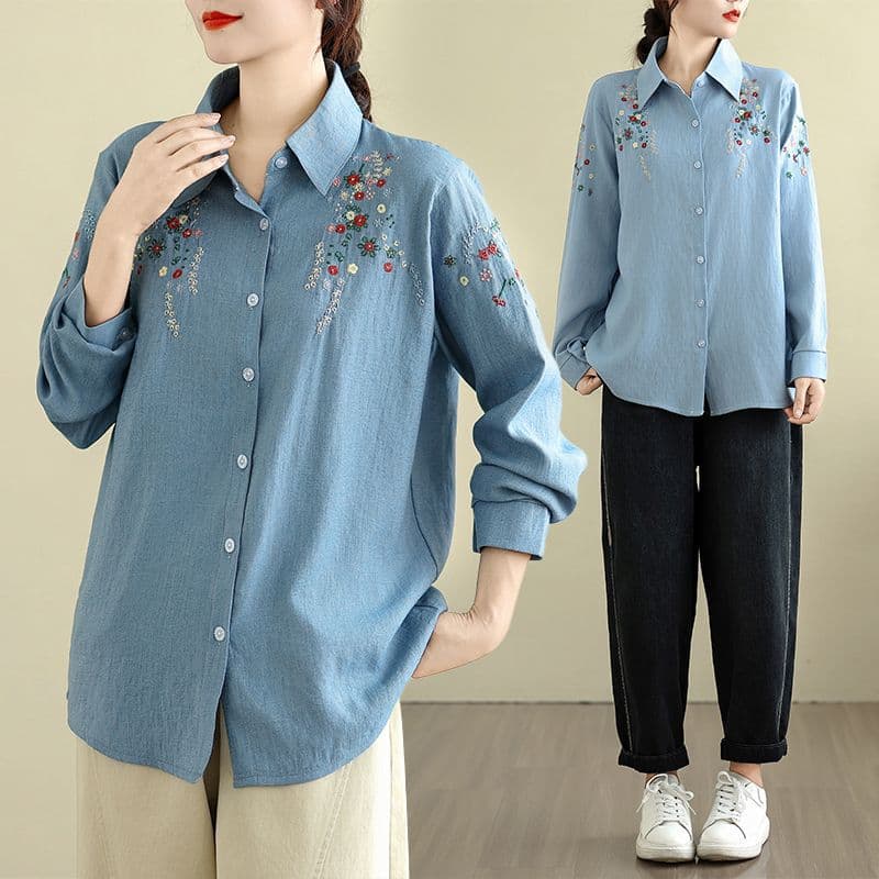 Plus Size Women's Denim Cotton Shirt Spring Autumn Artistic Embroidery Versatile New Loose Polo Long Sleeve Blouse