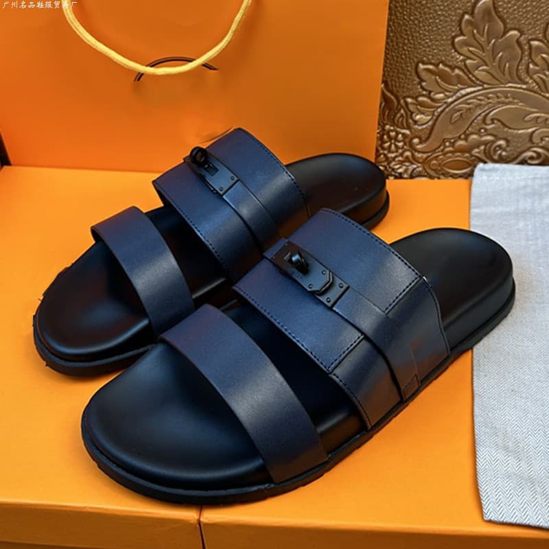 Men's Soft-Soled Slippers, Summer Trendy Brand, Light Luxury Genuine Leather, Breathable Outdoor Casual Shoes, European Style, Non-Slip British-Style Slide Sandals