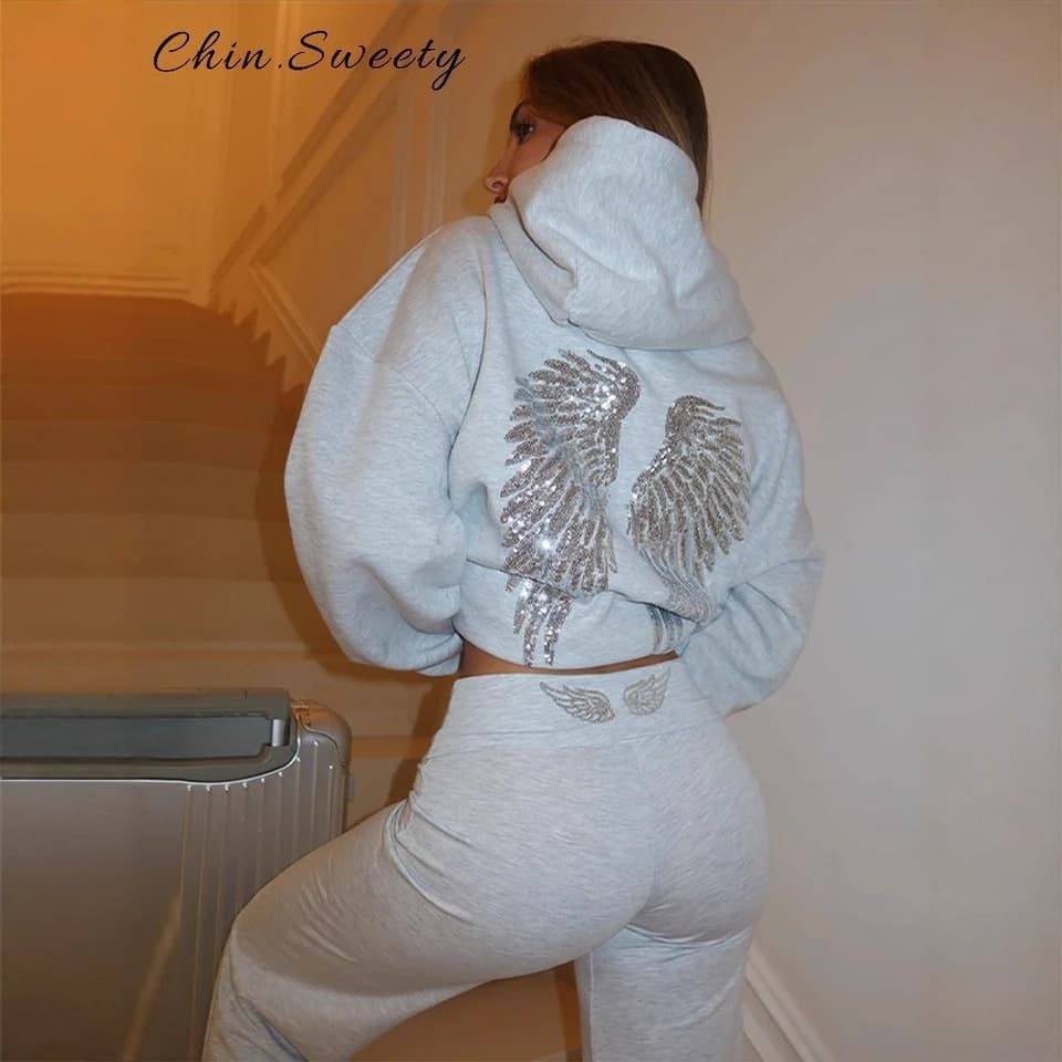 European and American Cross-Border Street Sequin Wing Hoodie and Pants Set Women's V-Neck Pocket Sweatshirt Straight Leg Pants for Export