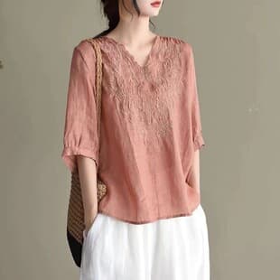 2026 Summer New Cotton Linen Short Sleeve Top for Women Loose Fit Slimming Casual Versatile Lightweight Cotton T-Shirt Shirt