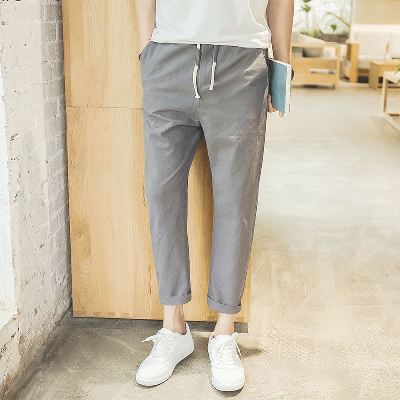 2023 Cotton and Linen Nine-Point Pants Men's Korean Style Large Size Slim Small Feet Linen Pants Casual Versatile Fashion Korean Style Slim Fit