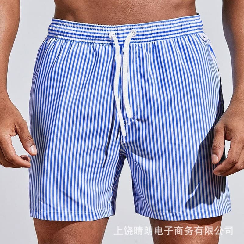 Cross-border Hawaiian quick-dry loose thin men's swim shorts sports casual TEMU five-inch striped beach shorts